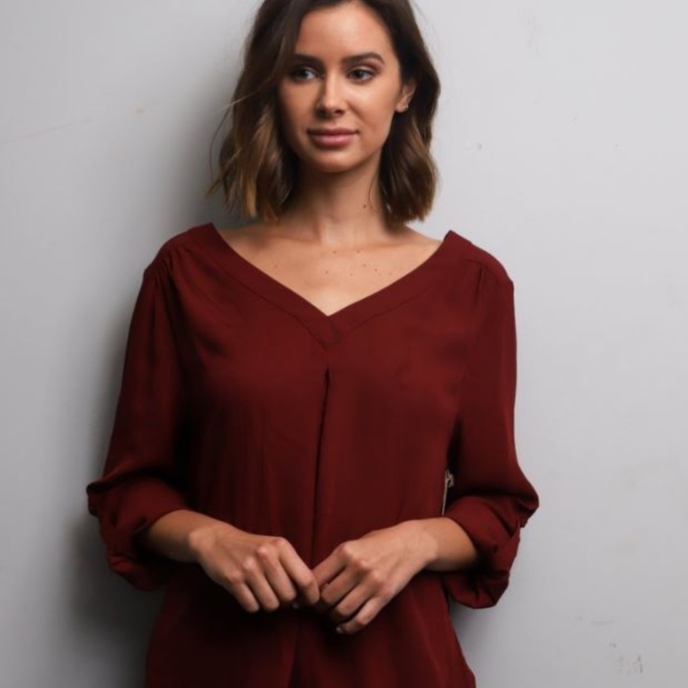 BRENDA Burgundy Slotted Cutout Back Blouse